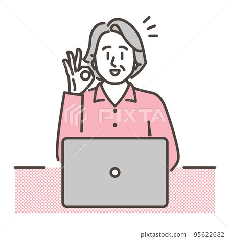 A senior woman with a smile and an OK sign looking at a laptop [vector illustration material] 95622682