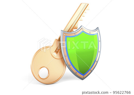 Key with shield, 3D rendering 95622766