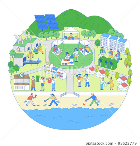 drawing of society, village, country with recyclable energy industry 95622779