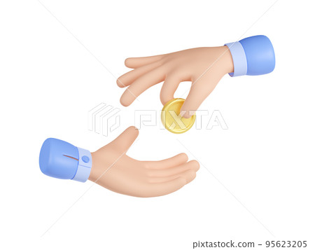 3d hand giving gold coin into empty open palm 95623205