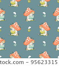 Mushroom cartoon vector illustration for posters, T-shirt print, postcard. Kids card print template and seamless background pattern  95623315