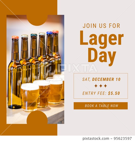 Square image of lager day and bottles of beer on brown and beige background 95623597