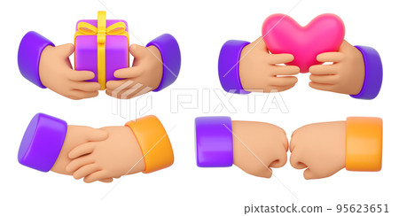 3d Human Handshake, punching, gift and heart holding. Business succes, teamwork, agreement, friendship and ovation concept. High quality isolated render 95623651