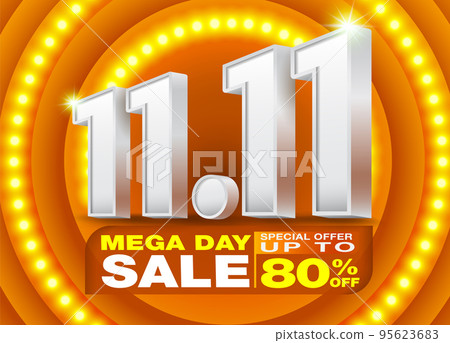 November 11th Sale Template with 3D text number 11.11 on orange LED Spotlight LED background. Offer campaign up to 80% off. Design for Ads. social media online shopping. 95623683