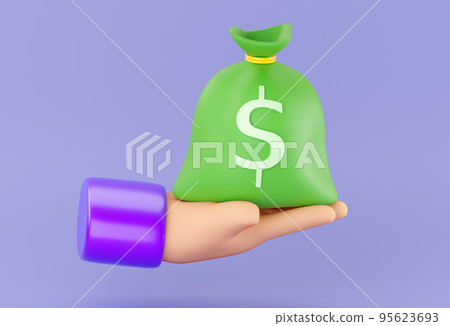 3d human hand holding green plastic Money Bag with dollar sign. Business, saving, money, banking, finance investment and services concept. Profit and growth design idea. Realistic 3d render 95623693