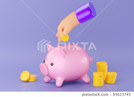 3d human hand putting coin in Piggy bank. Business, saving, money, banking, finance investment and services concept. Profit and growth design idea. Realistic 3d isolated high quality render 95623745
