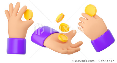 3d Human hands holding yellow gold coins set. Online payment, mobile bankind, transaction and shopping concept. High quality isolated render 95623747