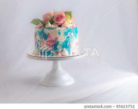teal pink toned frosted cake with real roses topping for happy birth day party teal pink toned frosted cake with real roses topping for happy birth day party 95623752