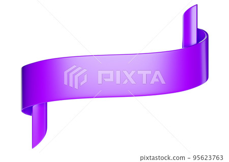 3d label ribbon. Glossy purple, violet blank plastic banner for advertisment, promo and decoration elements. High quality isolated render 95623763