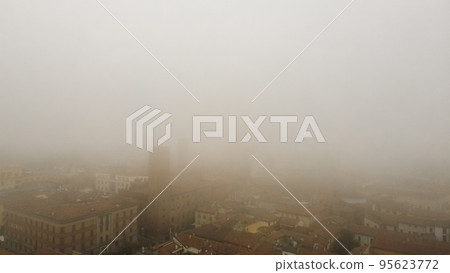 foggy cityscape aerial drone view of town center Cremona, Lombardy, Italy foggy cityscape aerial drone view of town center Cremona, Lombardy, Italy 95623772