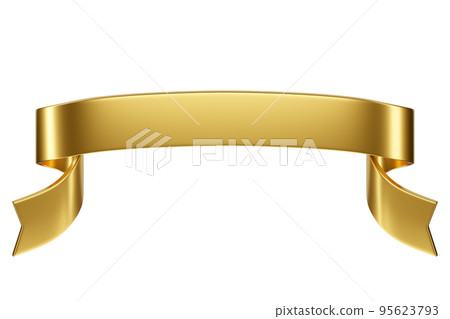 3d label ribbon. Glossy gold blank plastic banner for advertisment, promo and decoration elements. High quality isolated render 95623793