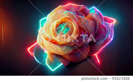 Fantasy magical dark background with magic rose flower reflection neon light on edge 95623886