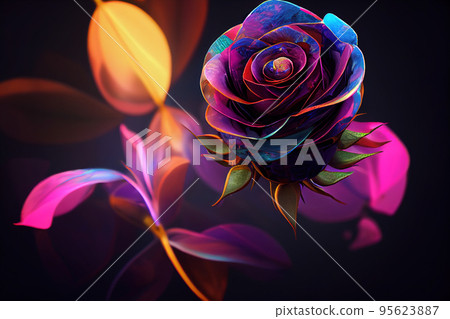 Fantasy magical dark background with magic rose flower reflection neon light on edge 95623887