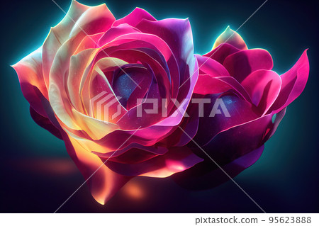 Fantasy magical dark background with magic rose flower reflection neon light on edge Fantasy magical dark background with magic rose flower reflection neon light on edge 95623888
