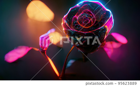 Fantasy magical dark background with magic rose flower reflection neon light on edge 95623889