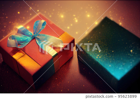 Gift box package with ribbon on colorful blurred background. 95623899
