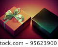 Gift box package with ribbon on colorful blurred background. 95623900