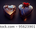 Gift box heart shaped package with ribbon on colorful blurred background. 95623901