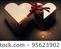 Gift box heart shaped package with ribbon on colorful blurred background. 95623902