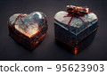Gift box heart shaped for valentine's day package with ribbon on colorful blurred background. 95623903