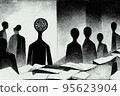 Black and white illustration of scientist brainstorm science meeting 95623904