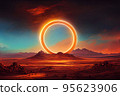 Big orange neon circle portal above planet abstract art scene night fantasy landscape 95623906