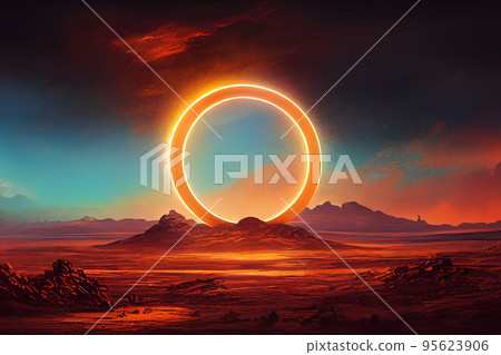 Big orange neon circle portal above planet abstract art scene night fantasy landscape 95623906
