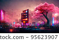 Fantasy Japanese night view city citycape, neon light, residential skyscraper buildings, pink cherry sakura tree. Night urban anime fantasy. 95623907