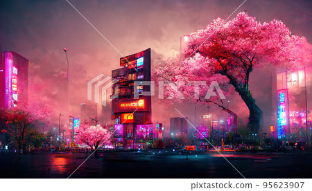 Fantasy Japanese night view city citycape, neon light, residential skyscraper buildings, pink cherry sakura tree. Night urban anime fantasy. 95623907