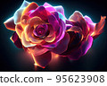 Fantasy magical dark background with magic rose flower reflection neon light on edge 95623908