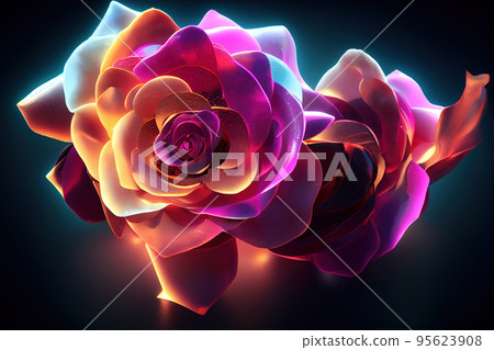 Fantasy magical dark background with magic rose flower reflection neon light on edge 95623908