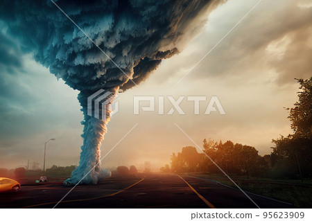 Dark road towards the tornado storm against cloudy sky 95623909