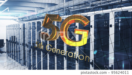 Image of 5g text, mathematical equations and data processing over computer servers 95624011