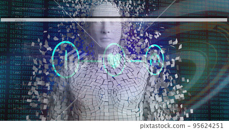 Image of data processing with iconsand digital human over shapes on black background 95624251