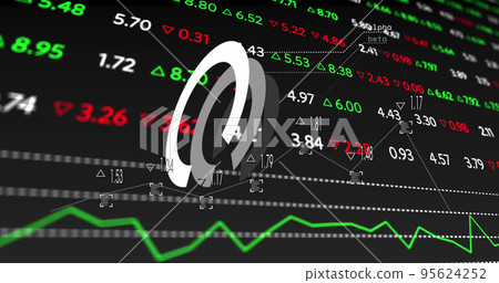 Image of round scanner over stock market data processing against black background Image of round scanner over stock market data processing against black background 95624252