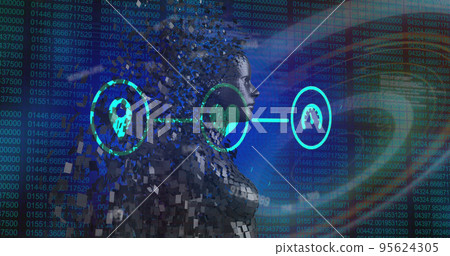 Image of data processing with icons and digital human over shapes on black background Image of data processing with icons and digital human over shapes on black background 95624305