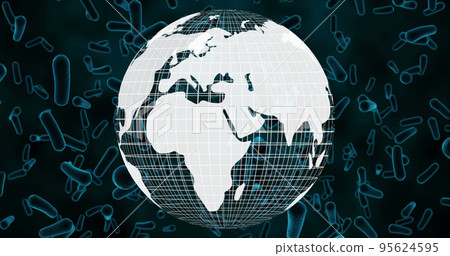 Illustration of globe and microscopic bacteria against blue background, copy space Illustration of globe and microscopic bacteria against blue background, copy space 95624595