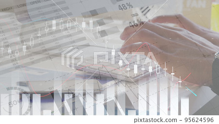 Composite of infographic interface over cropped hands of businessperson typing on keyboard Composite of infographic interface over cropped hands of businessperson typing on keyboard 95624596