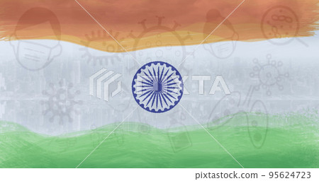 Illustration of coronavirus icons of people wearing masks, viruses over indian national flag Illustration of coronavirus icons of people wearing masks, viruses over indian national flag 95624723