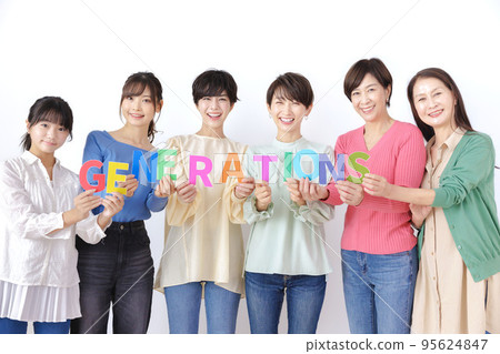 Generational women lined up on white background Generational women lined up on white background 95624847
