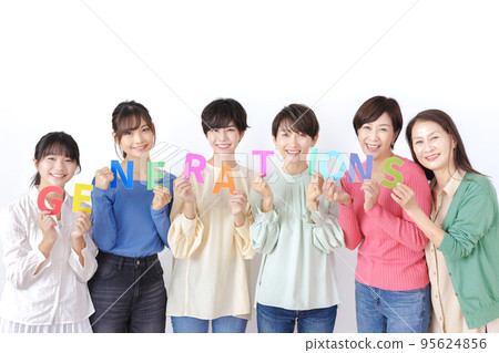 Generational women lined up on white background 95624856