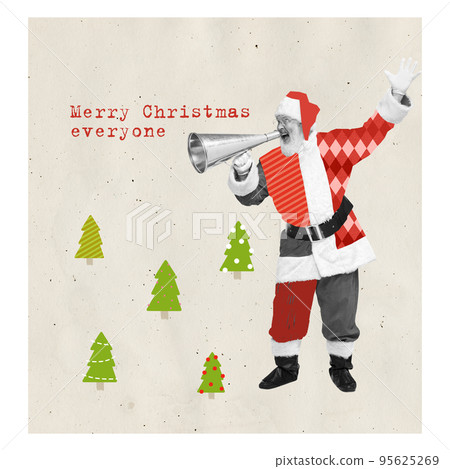 Contemporary art collage. Excited senior man shouting in megaphone and greeting with Christmas time 95625269
