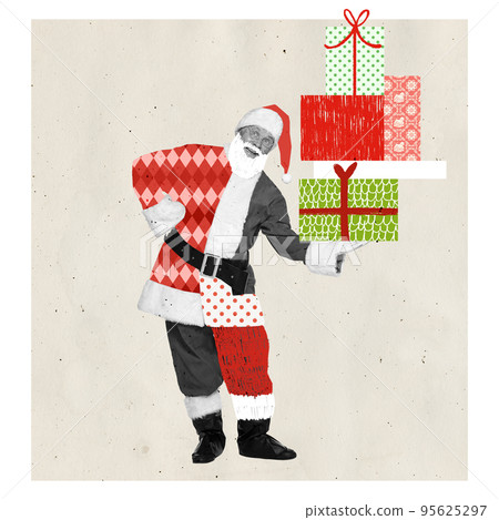 Contemporary art collage. Cheerful senior man in image of Santa Claus holding many present boxes. Merry surprises Contemporary art collage. Cheerful senior man in image of Santa Claus holding many present boxes. Merry surprises 95625297
