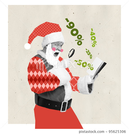 Contemporary art collage. Emotive man in image of Santa Claus looking in magnifying glass on great seasonal sales Contemporary art collage. Emotive man in image of Santa Claus looking in magnifying glass on great seasonal sales 95625306