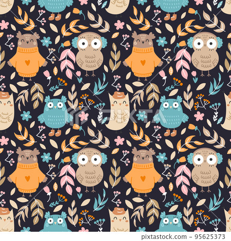 Seamless pattern with cute owls and twigs. Wallpaper for children room. Printing on fabric and wrapping paper. Floral ornament. Seamless pattern with cute owls and twigs. Wallpaper for children room. Printing on fabric and wrapping paper. Floral ornament. 95625373