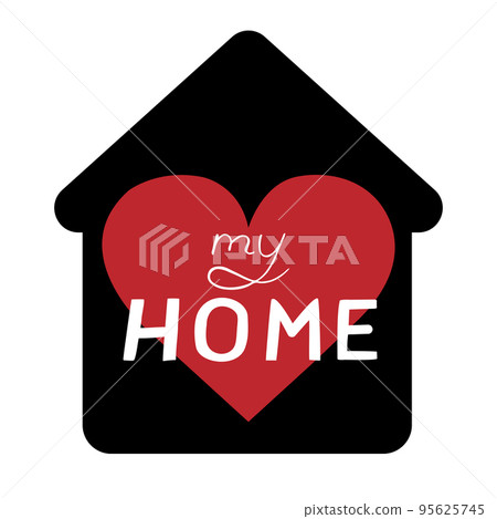 Simple black icon of house with heart and hand drawn text My home. Vector illustration 95625745