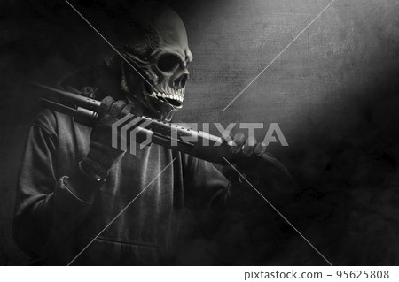 Man with a skull head costume holding gun Man with a skull head costume holding gun 95625808