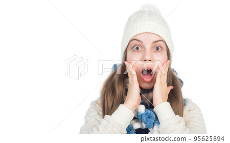 what a surprise. warm clothes. surprised teen girl in winter clothes. childhood happiness. what a surprise. warm clothes. surprised teen girl in winter clothes. childhood happiness. 95625894