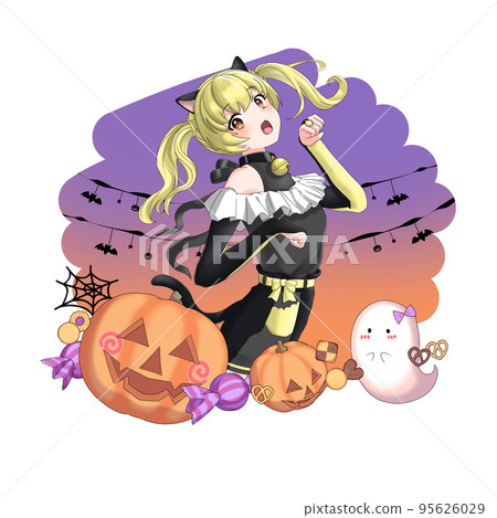 【附背景】扮黑貓的黃色雙馬尾少女 【附背景】扮黑貓的黃色雙馬尾少女 95626029