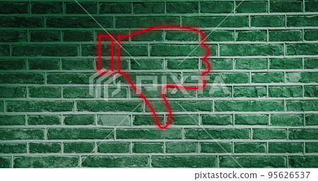 Composite of illuminated red dislike button icon over brick wall, copy space Composite of illuminated red dislike button icon over brick wall, copy space 95626537